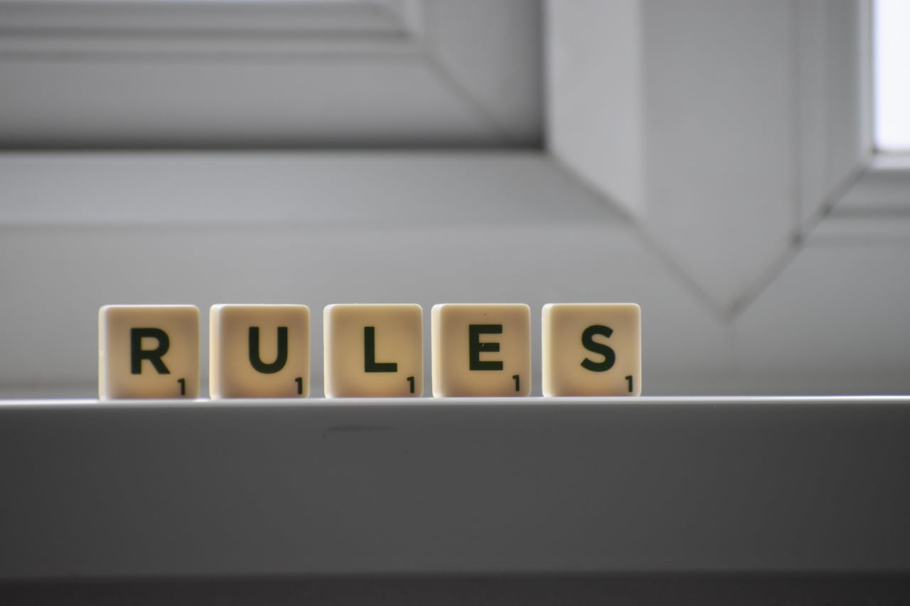 RULES spelled out in Scrabble tile.